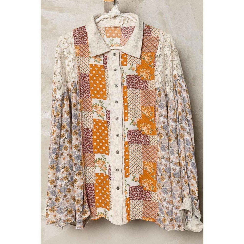 POL Floral + Lace Patchwork Button Down Shirt in Caramel Cream - Picture 9 of 15